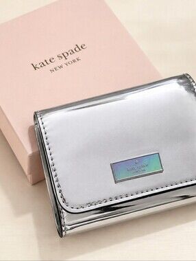 kate spade Silver Metallic Compact Card Wallet with Iridescent Logo Plaque